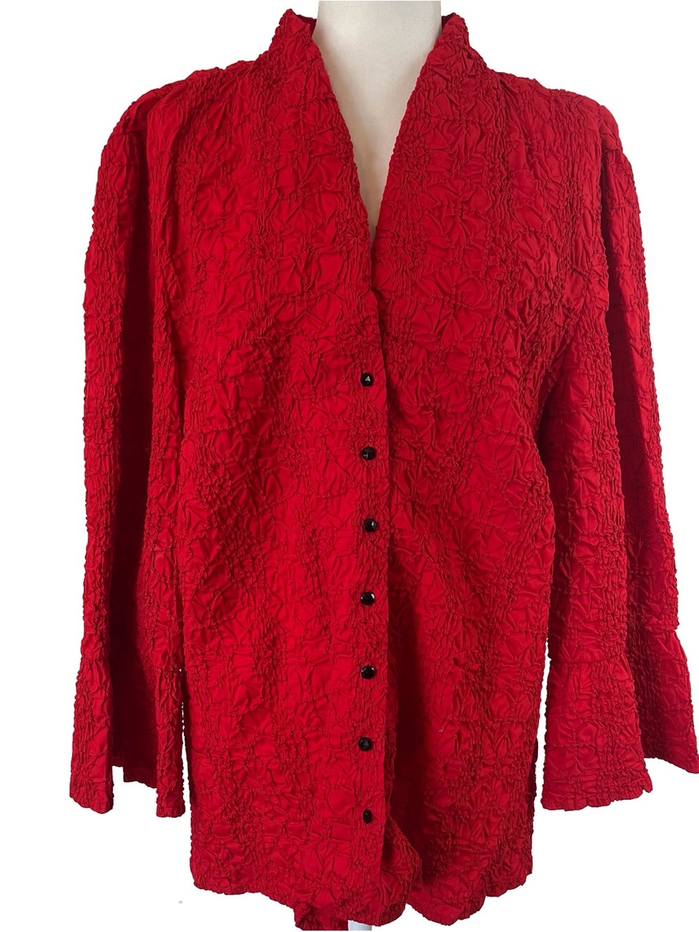 NEXX Woman Red Crinkled Cotton Blouse/Jacket Art to Wear Wide Cuff Size 2X